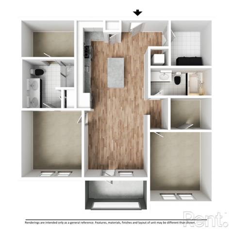 Floor plan for 2 beds, 2 baths, 1135 sqft